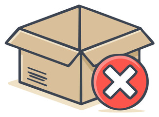 Open cardboard box with red cross symbol indicating delivery rejection or cancellation
