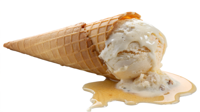 Vanilla ice cream cone fallen and melting isolated on transparent background, a sweet and delicious treat for summer, with a waffle cone and creamy scoop