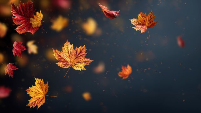 Several vibrant maple leaves, displaying shades of red, orange, and yellow, are captured in mid-air, appearing to float and swirl against a dark, blurred background. 