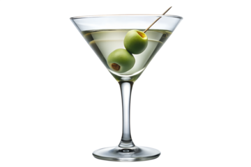 A classic martini in a glass with two green olives on a skewer, isolated on transparent background, showcasing a refreshing alcoholic beverage