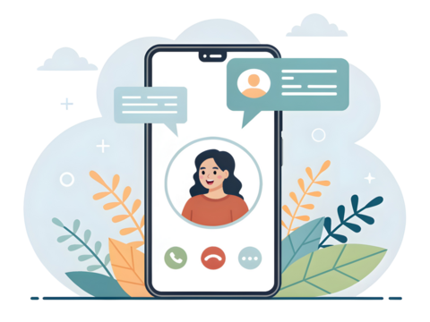 Smartphone video call with chat bubbles and floral accents isolated on a transparent background