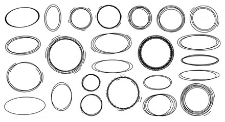 Collection of various hand-drawn sketchy oval and circular frames on an isolated transparent background.