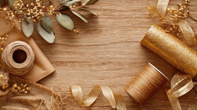 A warm, inviting flat lay composition featuring various crafting supplies arranged on a rustic wooden surface. A spool of golden thread, shimmering gold ribbon, 