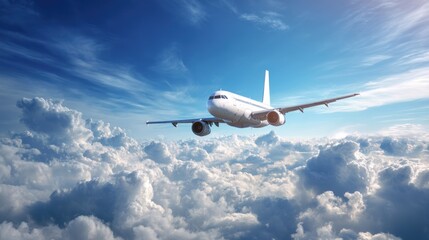 Obraz premium A white commercial airplane soars through a vibrant blue sky filled with fluffy white clouds. The aircraft?s wings are clearly visible as it flies level, bathed in sunlight. 