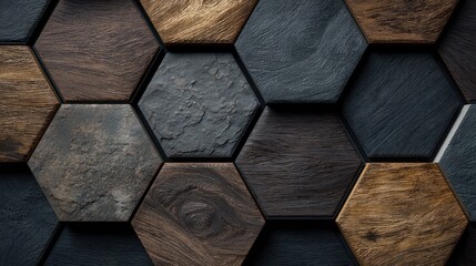 A dark, dramatic close-up showcases a collection of hexagonal tiles arranged in a layered, overlapping pattern. 