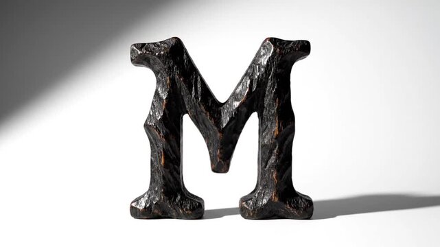 Rustic Dark Textured Capital Letter M on a Clean White Background with Dramatic Shadow