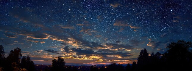 A vast, starry sky filled with clouds at twilight, silhouetted trees in the foreground
