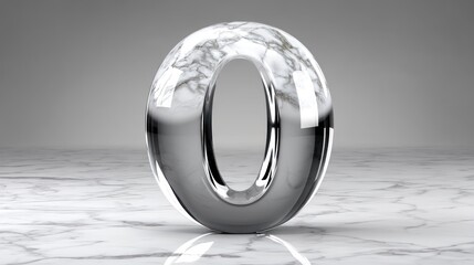 A gleaming, oversized, white marble number ?0? rests on a polished marble surface. The numeral is constructed from reflective chrome,