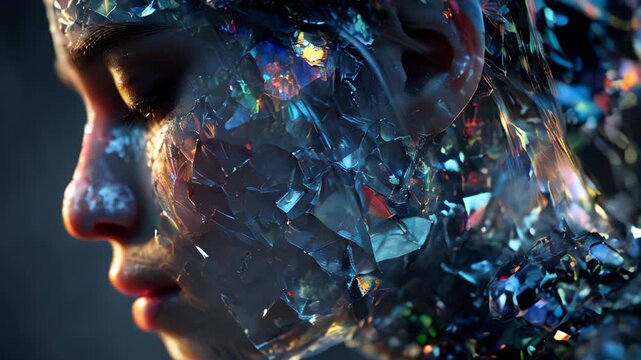 Shattered reflections captured in intricate crystal details during an artistic exploration of identity and form