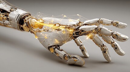 the image presents a gleaming, highly detailed mechanical hand against a muted background
