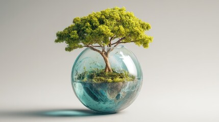 A miniature tree thrives within a clear glass orb, creating a surreal and captivating visual. The orb contains a small, rocky landscape with moss and soil, mirroring a miniature Earth. 