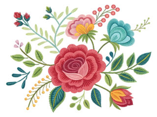 Vibrant floral embroidery pattern with roses and leaves isolated on a transparent background