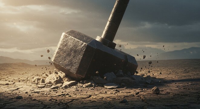 Powerful hammer impact on ground dramatic image