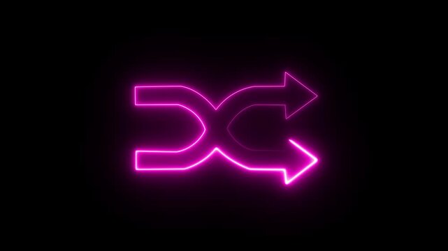Bright pink neon shuffle icon with arrows on a black background representing music playback or random order