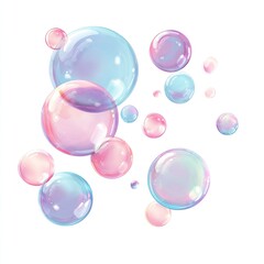 Multicolored soap bubbles, various sizes, on a white background
