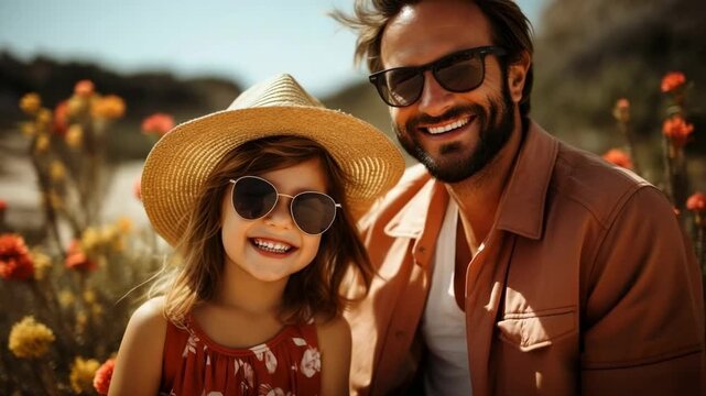 Smiling father and daughter enjoy a sunny day outdoors with vibrant flowers in the background during a summer outing