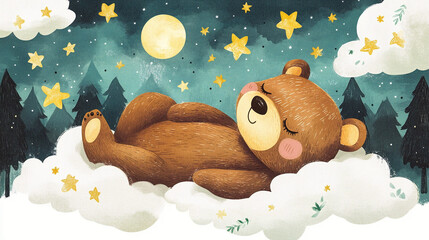painting cute bear sleep on clouds under night sky with stars
