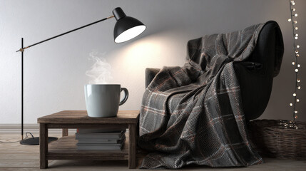 warm living room with dim floor lamp steaming mug on wooden coffee table thick plaid blanket draped over armchair fairy lights in background illustration concept scene visual for commercial design