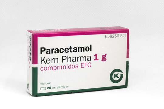 Barcelona, Spain - August 26, 2025: Spanish box of generic Paracetamol Kern Pharma 1g Pills on white background.