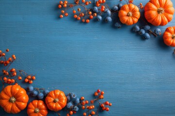 Orange pumpkins and berries frame a vibrant blue background