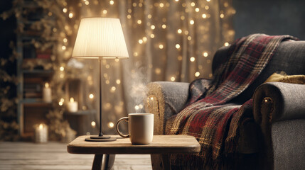 warm living room with dim floor lamp steaming mug on wooden coffee table thick plaid blanket draped over armchair fairy lights in background illustration concept scene visual for commercial design