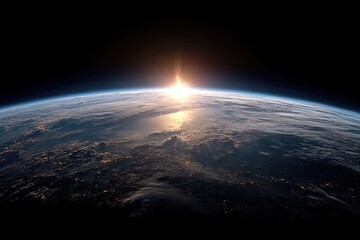 Earth rising, sunrise from space.  Vast expanse of dark space, planet Earth, a sunrise over clouds