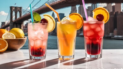 Alkohol cocktails in glasses against bridge city