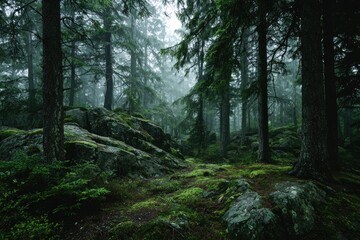 Obraz premium Misty forest path, dark green trees, and mossy rocks