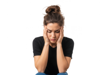 Young woman with messy bun looking distressed isolated on transparent background