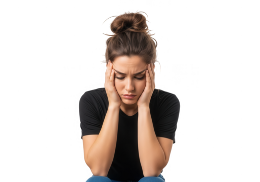 Young woman with messy bun looking distressed isolated on transparent background