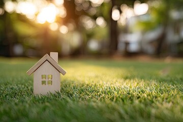 Small wooden house model on grassy lawn, sunny bokeh background