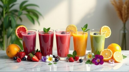 Colorful fruit smoothies with fresh fruit healthy drinks