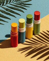 Colorful lip balm sticks on a pastel backdrop