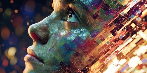 A close-up portrait of a young person?s face, partially dissolving into a vibrant, fragmented cityscape. The individual?s eye is directed upwards, filled with a sense of wonder and contemplation. 