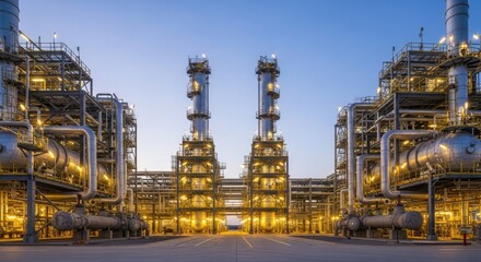 Petrochemical plant at night with illuminated towers and industrial complex