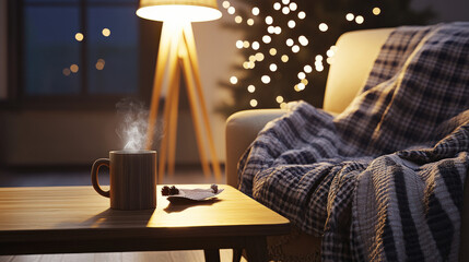 warm living room with dim floor lamp steaming mug on wooden coffee table thick plaid blanket draped over armchair fairy lights in background illustration concept scene visual for commercial design