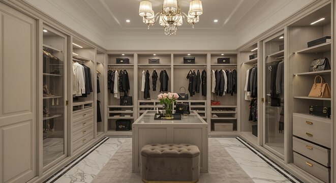A walk in closet with a bench and a chandel showing luxury walk-in closet with floor-to-ceiling mirrored sliding doors