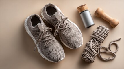 Stylish athletic shoes paired with workout accessories on a soft surface in a well-lit indoor setting
