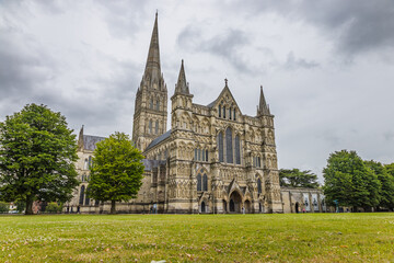 Salisbury Cathedral and Spire across Cathedral Close Lawn, Gothic Landmark, Wiltshire