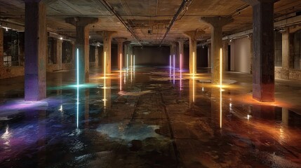 A vibrant, illuminated subterranean space