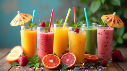 Colorful fruit smoothies with garnishes colorful drinks