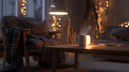warm living room with dim floor lamp steaming mug on wooden coffee table thick plaid blanket draped over armchair fairy lights in background illustration concept scene visual for commercial design