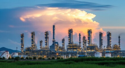 Obraz premium Industrial refinery complex at sunset with dramatic clouds and illuminated structures