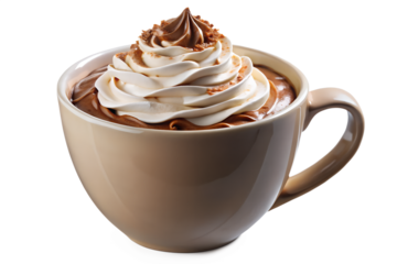 Hot chocolate with whipped cream in a cup isolated on transparent background, a sweet and comforting beverage for a cozy winter day