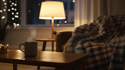 warm living room with dim floor lamp steaming mug on wooden coffee table thick plaid blanket draped over armchair fairy lights in background illustration concept scene visual for commercial design