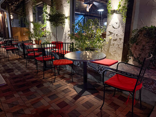 Outdoor cafe terrace with black chairs and red cushions surrounded by plants at night. Hospitality, leisure, and urban culture expressed through dining, decor, and social lifestyle.