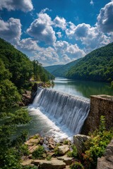 Scenic landscape featuring a flowing river with a small waterfall surrounded by lush green hills under a cloudy sky