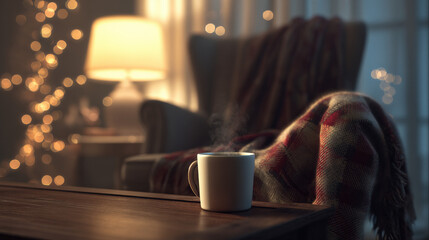 warm living room with dim floor lamp steaming mug on wooden coffee table thick plaid blanket draped over armchair fairy lights in background illustration concept scene visual for commercial design