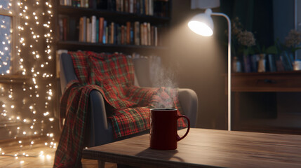 warm living room with dim floor lamp steaming mug on wooden coffee table thick plaid blanket draped over armchair fairy lights in background illustration concept scene visual for commercial design