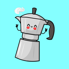 This charming cartoon shows a happy coffee pot sending peace signs with steam.